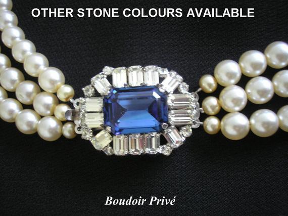 زفاف - Bridal Pearls, Montana Sapphire and Pearl Necklace, Vintage Pearl Choker, Great Gatsby, Statement Necklace, Wedding Necklace, Art Deco