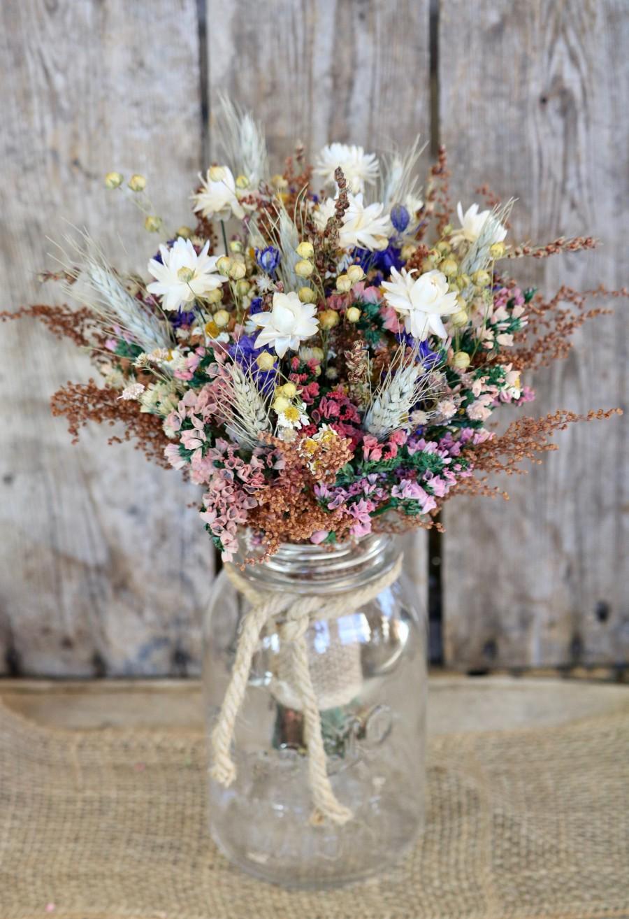 Wedding - COUNTRY GIRL Dry Flower Bouquet - Fall Rustic Wedding Bouquet - Bridal Bouquet - Bridesmaid Bouquet - Fall Colors with a Splash of Purple