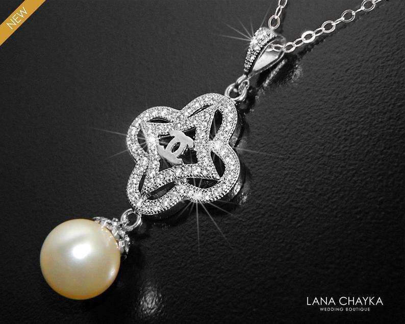 Hochzeit - Pearl Chanel Necklace, Pearl Silver Pendant Inspired by Coco Chanel, Swarovski 10mm Ivory Pearl Necklace, Wedding Necklace, Bridal Jewelry