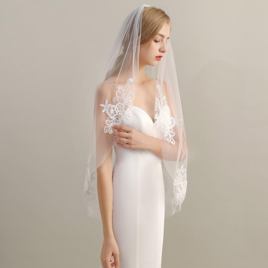 زفاف - Lace Fingertip Wedding Veil with Comb, Bridal Veil, One Tier Veil, Single Layer Veil, Simple Veil, Light Ivory