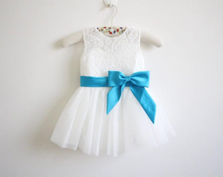 Свадьба - Light Ivory Flower Girl Dress Blue Ribbon Baby Girl Dress Lace Tulle Flower Girl Dress With Blue Sash/Bows Sleeveless