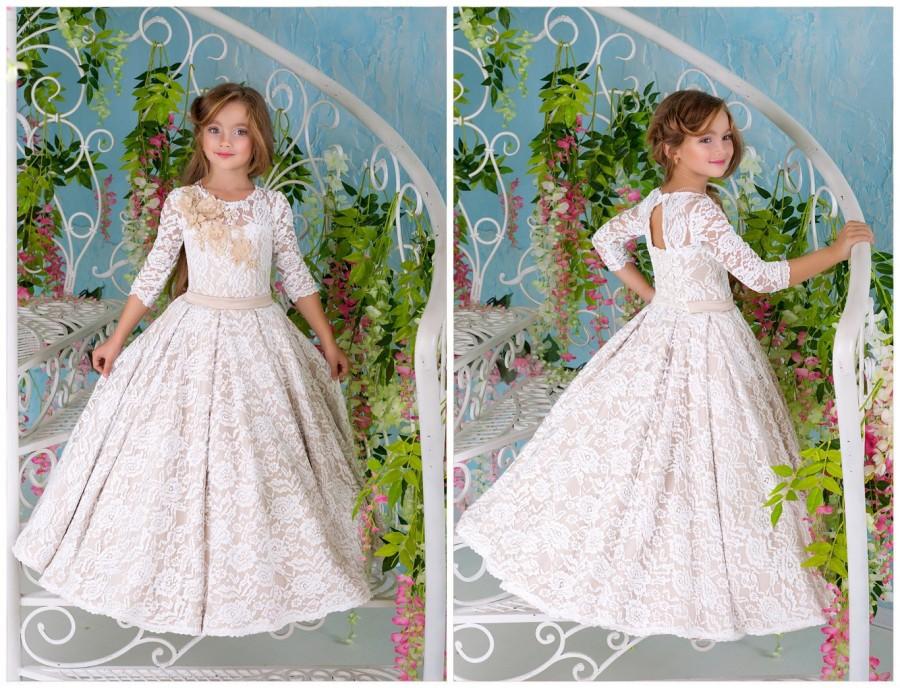 Hochzeit - Beige and Ivory Flower Girl Dress - Birthday Wedding Party Holiday Bridesmaid Flower Girl Ivory and Beige Guipure Lace Dress
