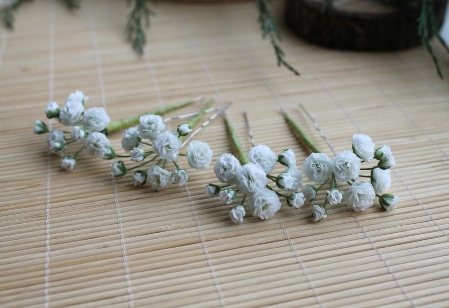 Свадьба - Gypsophila hair pins White wedding Bridal hair pins Baby's Breath White Bridal flowers Bridesmaid gift Flower hair pins flower girl hair