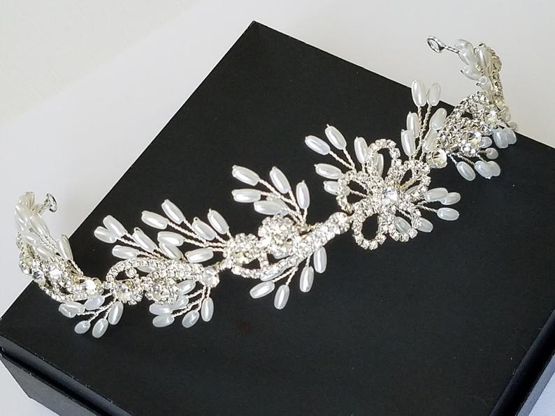 Mariage - Crystal Pearl Bridal Hair Wreath, Rhinestone White Pearl Hair Tiara, Wedding Headpiece, Floral Hair Vine Bridal Headband Bridal Hair Jewelry