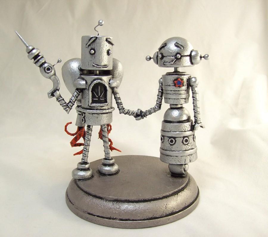 Hochzeit - Retro Wood Robot Bride and Groom Wedding Cake Topper in Silver with Rocket Pack