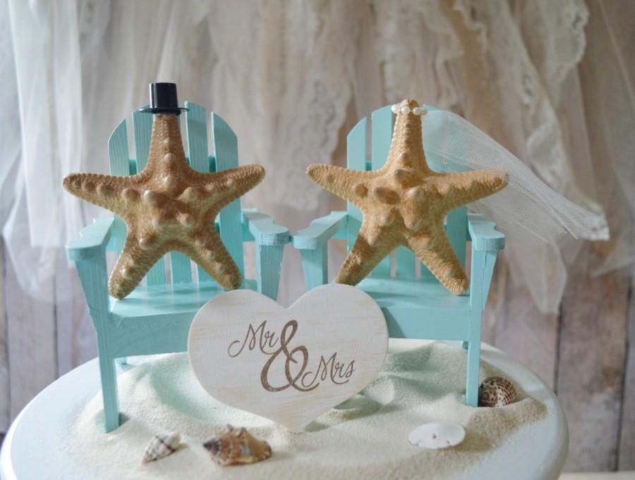 زفاف - Beach-wedding-cake topper-destination-tropical-Adirondack-chairs-Mr and Mrs-bride-groom-custom-miniature-small chairs-starfish-beach cake