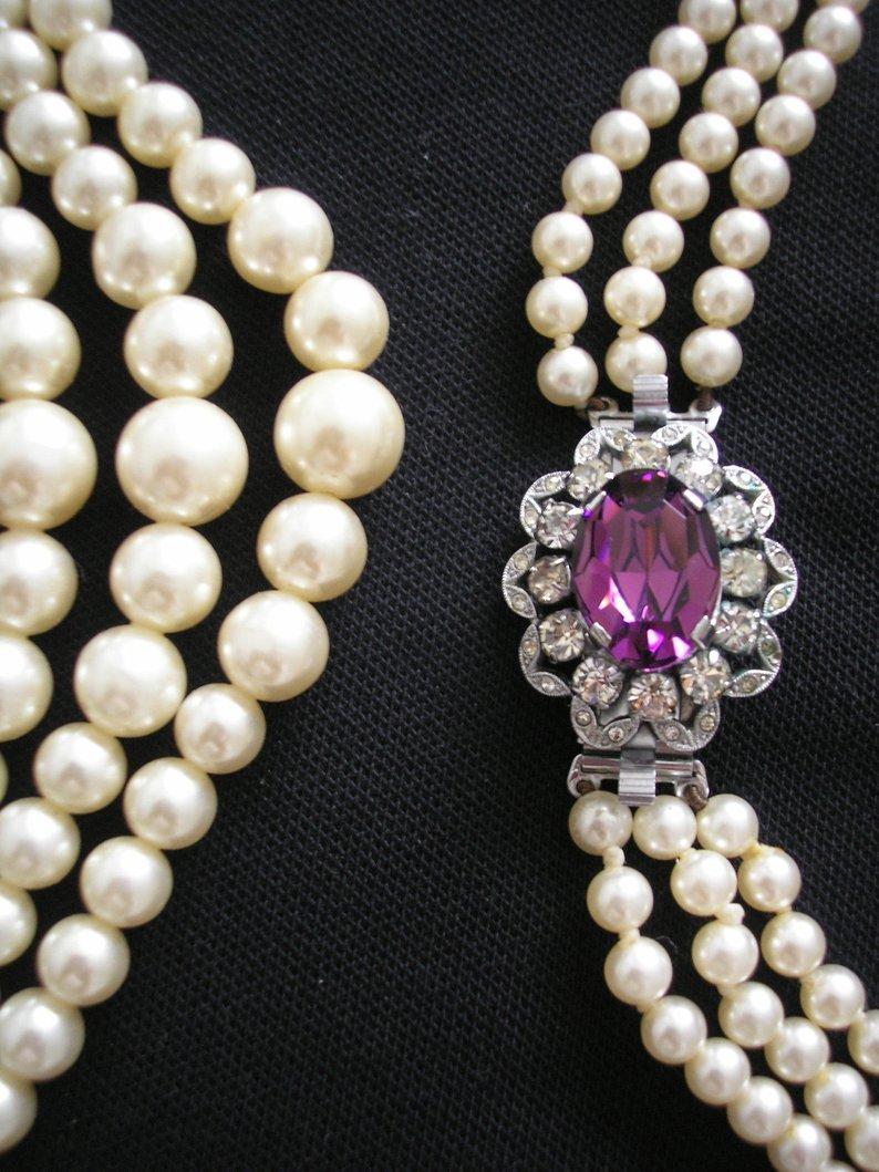 زفاف - Pearl and Amethyst Necklace, Bridal Pearls, Vintage Pearls, Long Pearl Necklace, Purple Backdrop Necklace, Gatsby, Ivory, Art Deco Wedding
