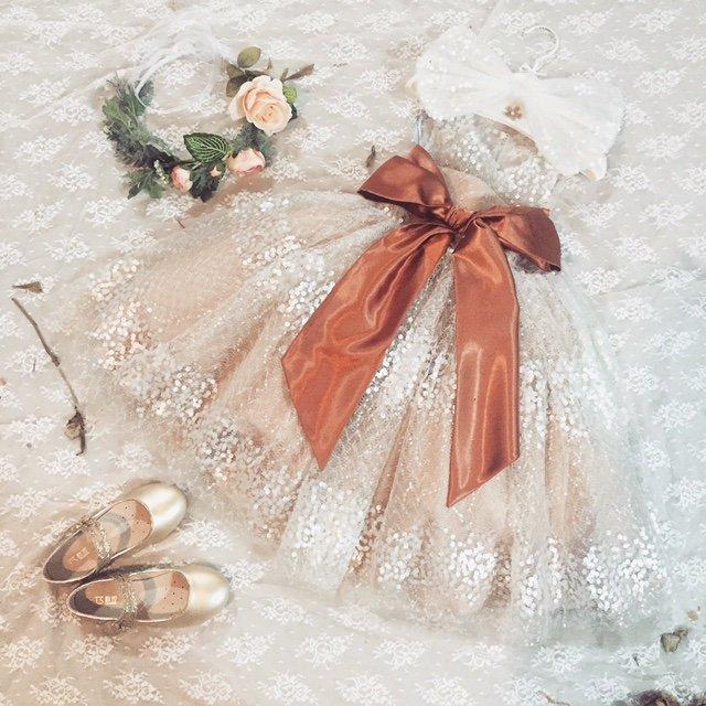Hochzeit - Flower Girl Dress Pale Khaki Tulle Baby Dress Sequin Puffy Party Dress Lace Illusion Princess Dress Bowknot Junior Bridesmaid Dress(LK452A)