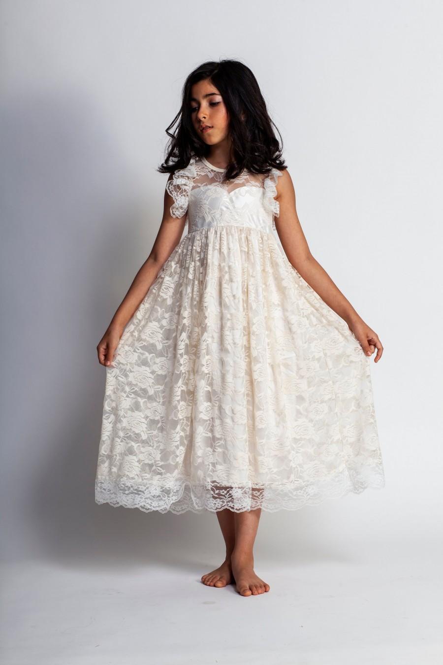 Hochzeit - flower girl dress,Ivory girls dress,boho maxi dress,girls lace dress,junior bridesmaid,first communion,Easter dress,beach wedding dress