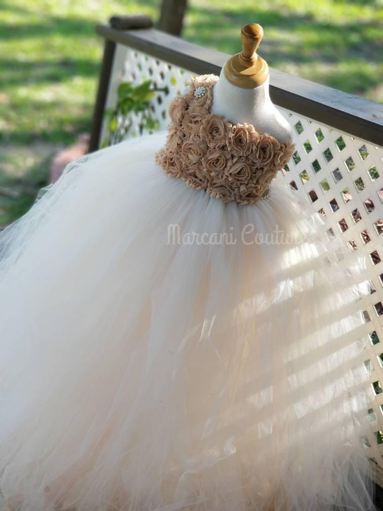 Mariage - Gown & Headband. Ivory Nude Brooch Flower Girl Dress, Flower Girl Dress,Tutu Flower Girl Dress,Vintage Tutu Dress,Tulle,Tutu Dress