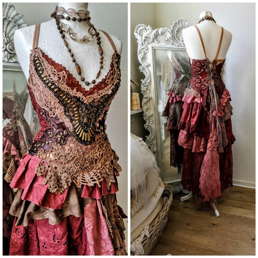 زفاف - Bohemian wedding dress dusty red and sand, bridal gown for faries, rustic, recycled lace, Raw Rags