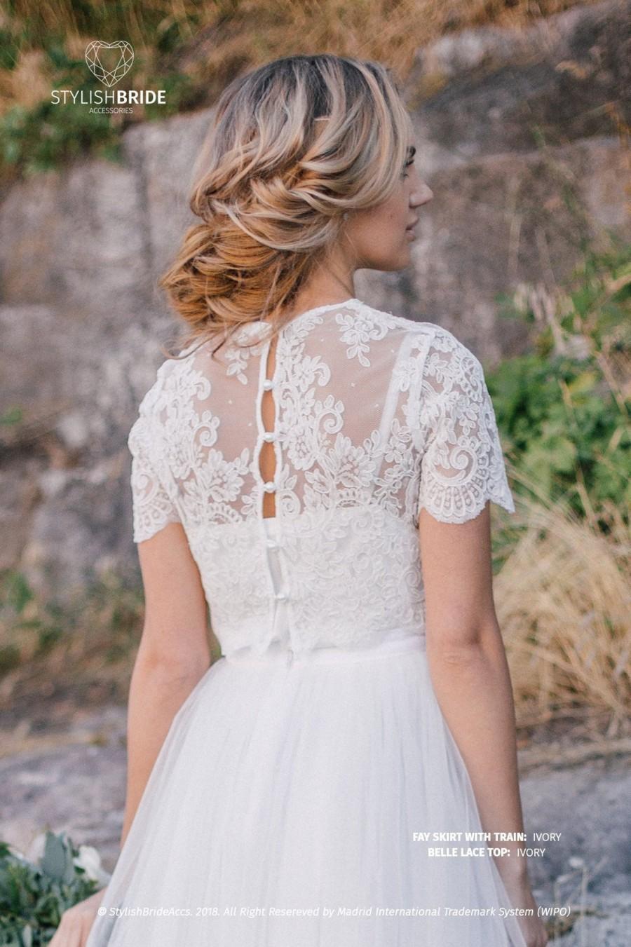 Mariage - Belle Buttoned back Wedding Lace Crop Top,  White or Ivory Lace Crop Top Tops, Engagement lace top plus size