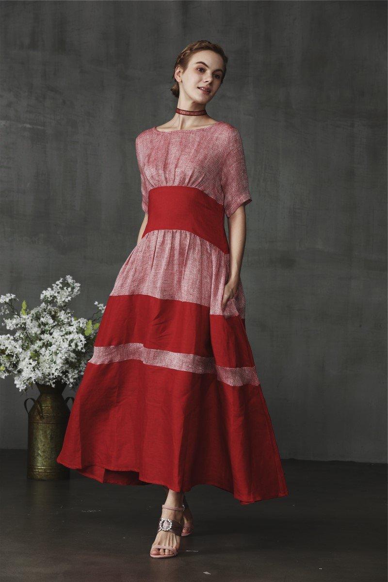 Mariage - red linen dress with pockets, contrast color dress, maxi dress, striped dress, red dress, cocktail dress, bridal dress, wedding dress