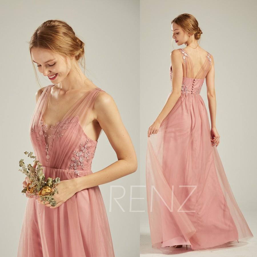 Hochzeit - Dusty Pink Tulle Bridesmaid Dress Lace Wedding Dress V Neck Sleeveless Maxi Dress Long Party Dress Illusion Back A-line Prom Dress(LS532)