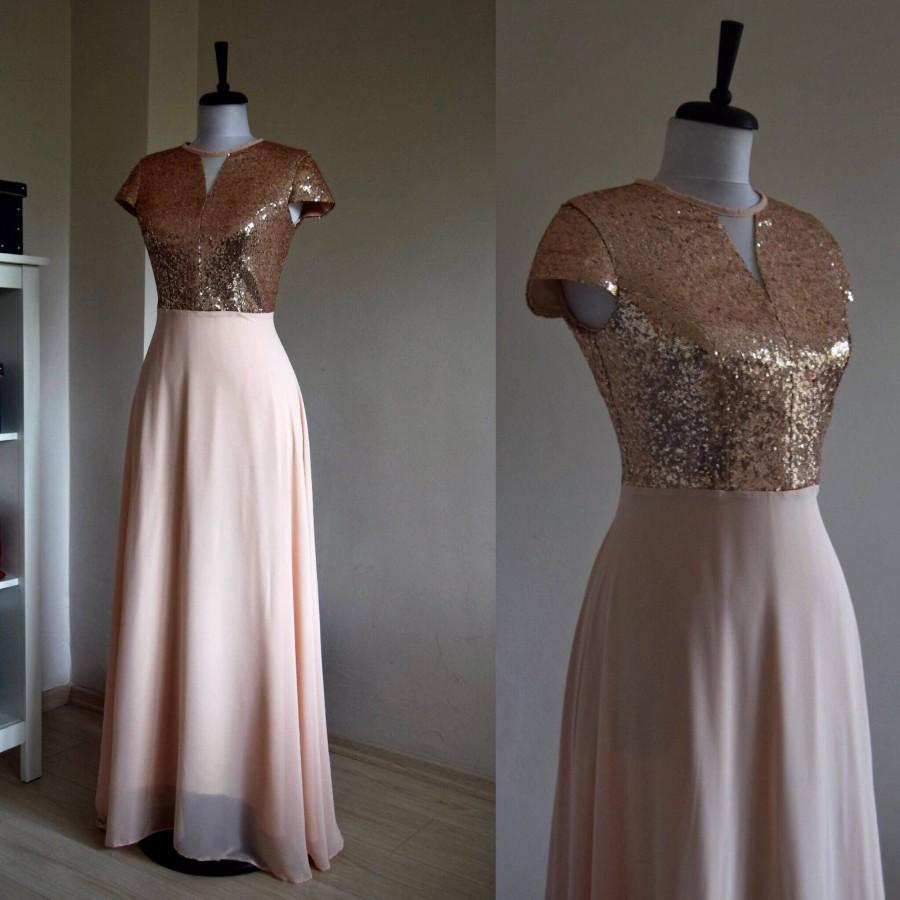 Mariage - Charming Chiffon With Top Sequin Bridesmaid Dress, Handmade, Blush Pink, Cap Sleeve Full Length Sequin Evening Prom Dress, Wedding Party