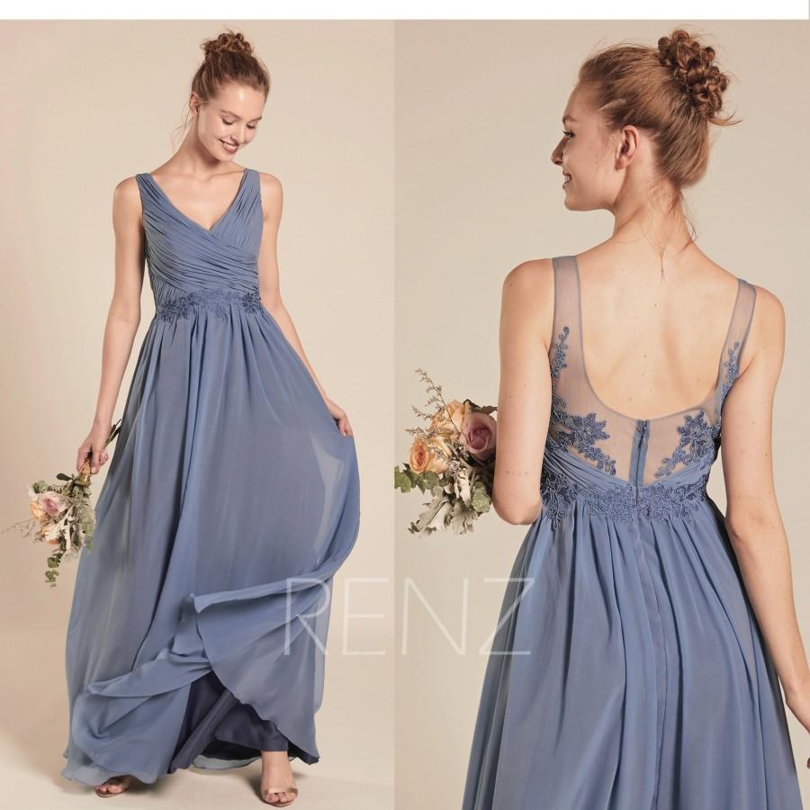 Hochzeit - Bridesmaid Dress Steel Blue Chiffon Dress,Wedding Dress,Ruched V Neck Maxi Dress,Illusion Lace Applique Prom Dress,A-line Party Dress(H683)