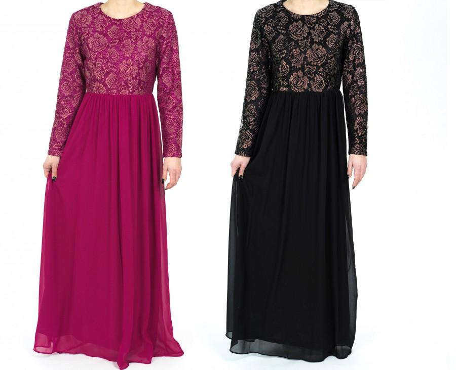 Mariage - bridesmaid dress long with sleeves, modest dress chiffon, part women dress with sleeve