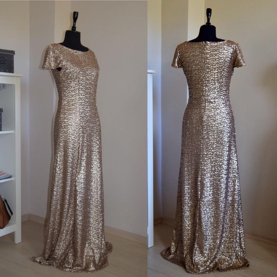Wedding - Champagne Long Sequins Bridesmaid Dress, Handmade Short Sleeve Fully Lined Floor Length Made Of Honor Dress,  Wedding Party Dress
