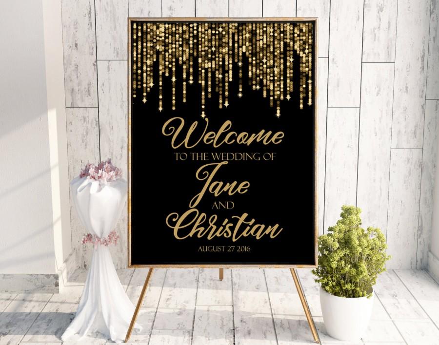 Свадьба - Printable welcome wedding sign, gold glitter reception entrance sign, bokeh sparkle gold and black digital sign. String lights welcome sign