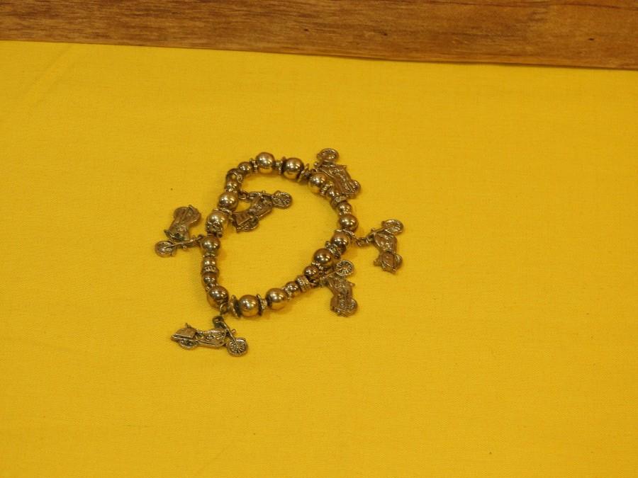 Wedding - Vintage Ladies Motorcycle Charm Bracelet, Antique Silver Tone Biker Band, Stretchy Collectible Riding Wear, Bike Gift Jewelry