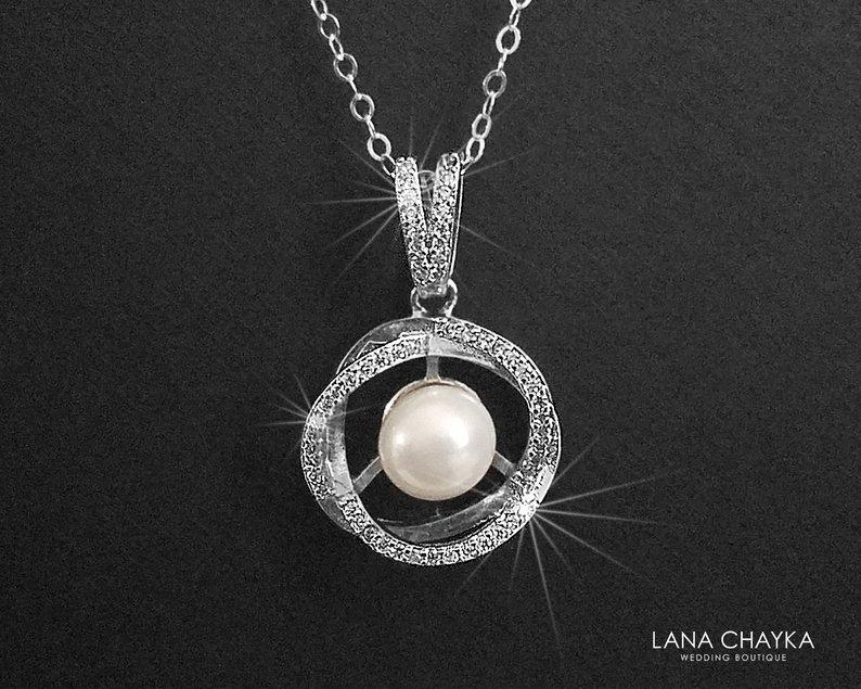 Hochzeit - White Pearl Bridal Necklace, Pearl Silver Necklace, Wedding Necklace, Bridal Pearl Jewelry, White Pearl Pendant, Bridal Pendant Prom Jewelry
