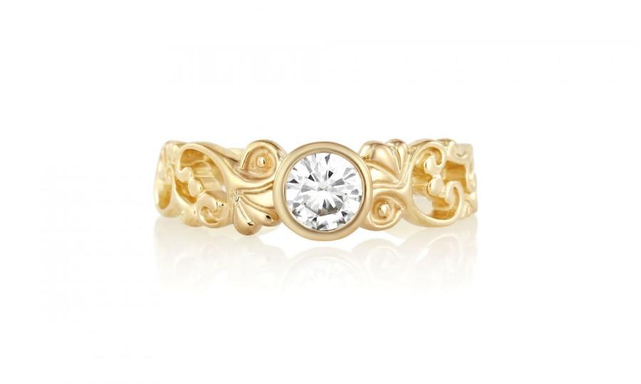 زفاف - Diamond Engagement Ring - Filigree Floral Ring - Low Profile Wedding Ring - Feminine Engagement Ring - Yellow Gold, White Gold, Platinum