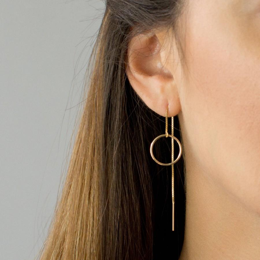 زفاف - Circle Threader Earrings, Long Dangle Earrings, Dainty Everyday Earring, Gold Threader Earrings, Sterling Silver, by LEILAJewelryshop, E202