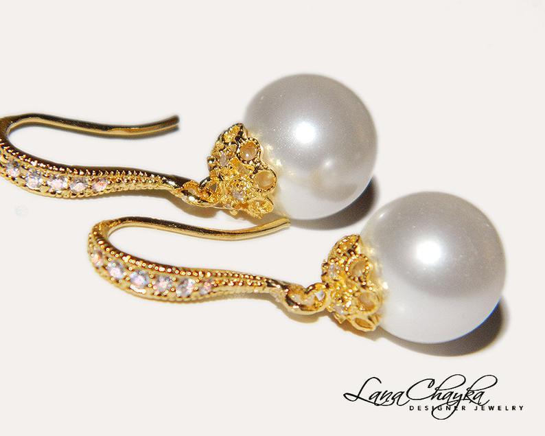 Mariage - White Pearl Bridal Earrings, Pearl Drop Gold Earrings, Swarovski 10mm Pearl Dangle Earrings, Wedding Pearl Jewelry Bridal Jewelry Bridesmaid
