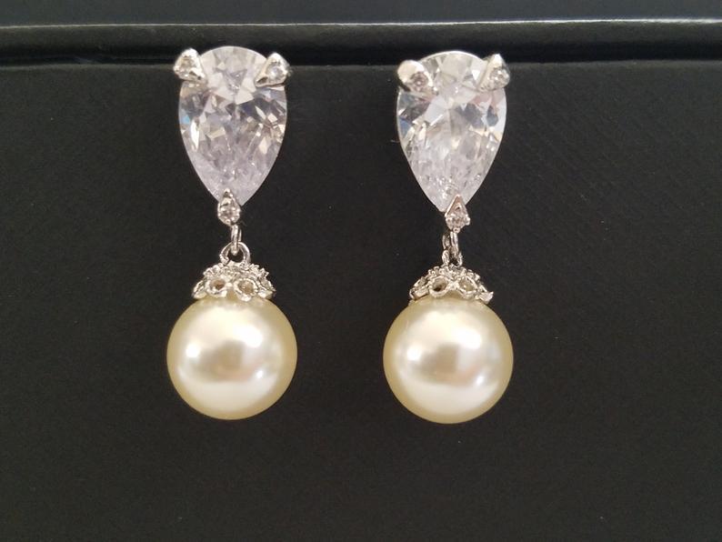 Hochzeit - Pearl Bridal Earrings, Wedding Pearl Jewelry, Swarovski 10mm Ivory Pearl Earrings, Pearl Drop Earrings, Pearl Silver Earrings, Prom Jewelry