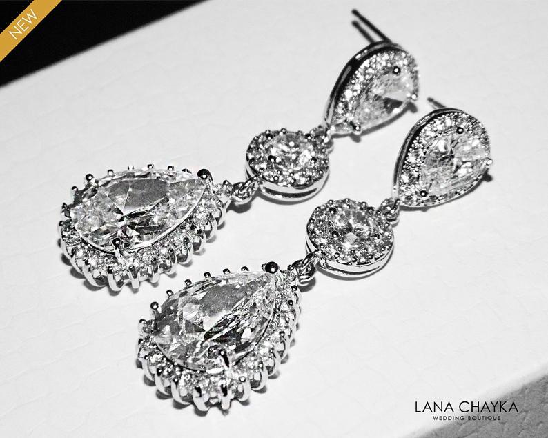 Wedding - Crystal Bridal Earrings, Cubic Zirconia Chandelier Wedding Earrings, Teardrop Earrings, Bridal Jewelry, Sparkly Halo Earrings, Prom Earrings