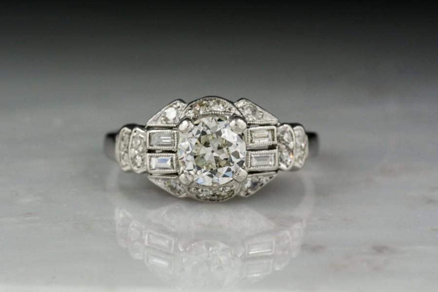 Hochzeit - Vintage Edwardian, Art Deco Engagement Ring with and Old European Cut Diamond Center and Baguette Cut Diamond Accents