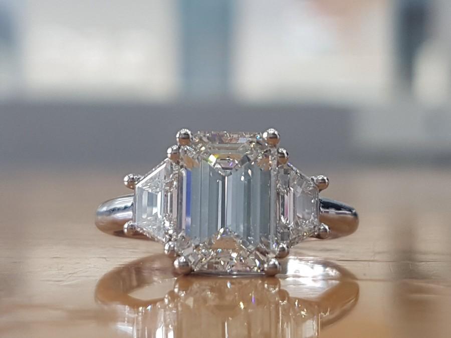 زفاف - GIA 2 3/4 Carat Estate Engagement Ring, Estate Diamond Ring, Platinum Engagement Ring, Emerald Cut Engagement Ring, 3 Stone Engagement Ring