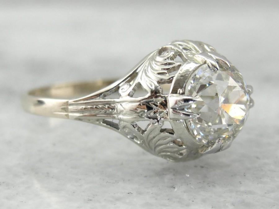 Hochzeit - Gorgeous Art Deco Diamond Engagement Ring, White Gold 1920's Basket Setting with European Cut Diamond 0PMJRJ-R