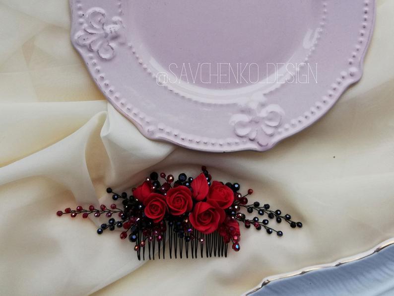 Mariage - Wedding red and black hair comb