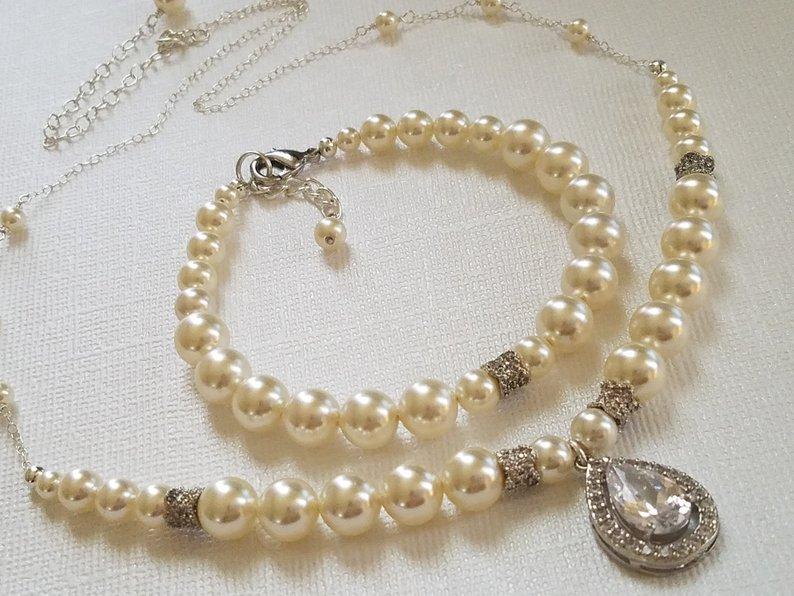 زفاف - Pearl Bridal Jewelry Set, Wedding Pearl Necklace&Bracelet Set, Ivory Pearl Jewelry Set, Wedding Bridal Pearl Set, Pearl Silver Bridal Set