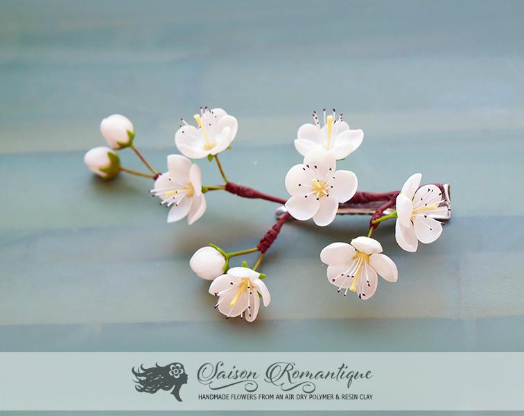 Wedding - Hair clip White Cherry Blossom - Polymer Clay Flowers - Wedding Accessories - Mothers Day Gift for Women Hairvlip White Gift For Her