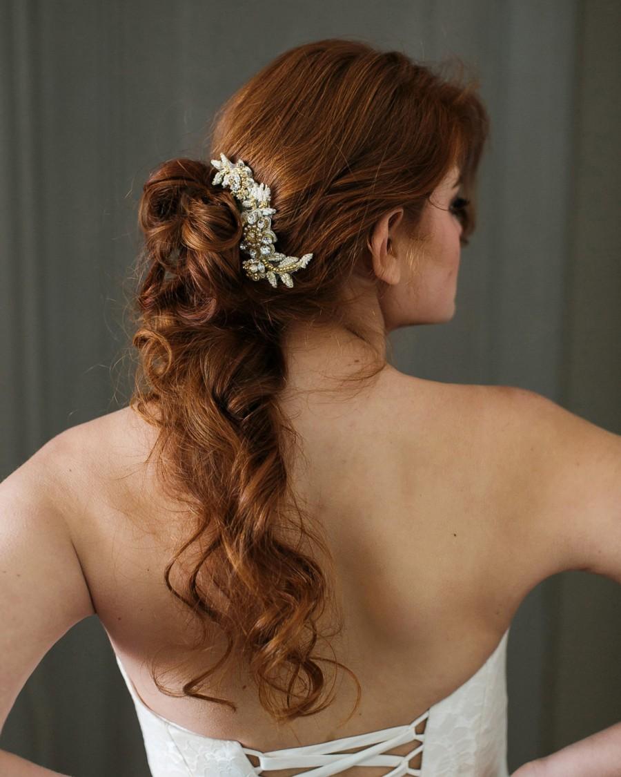 Wedding - Gold Beaded Bridal Comb. Bridal Hair Piece. Gold Lace Comb {Marta}