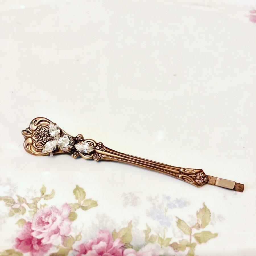 Свадьба - Bridal hair pin crystal antique brass bobby pin vintage Victorian rhinestone hair pin jewelry hair slide handmade elegant wedding accessory