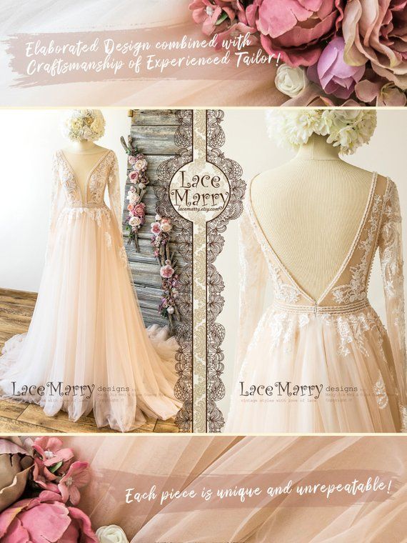 زفاف - Deluxe Lace Wedding Dress In Nude Tulle And Ivory Applique With Long Sleeves, Sexy Plunge Neckline,