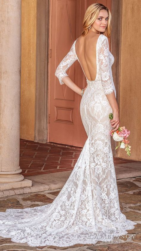 Wedding - Weddinginspirasi.com Featuring - Casablanca Spring 2018 Three Quarter Sleeves Deep Plunging Sweetheart Neckline Full Embellishment E… 