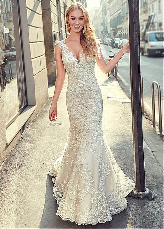 زفاف - [283.60] Stunning Tulle V-neck Neckline Mermaid Wedding Dress With Lace Appliques & Beadings