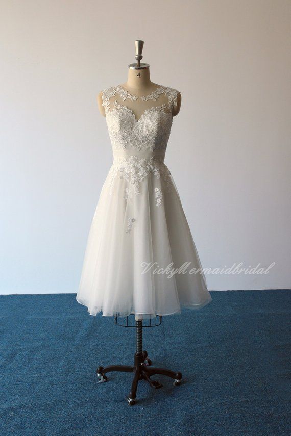 Mariage - Lovely Tea Length Tulle Lace Wedding Dress, Short Wedding Dress, Destination Wedding Dress With Keyhole Back