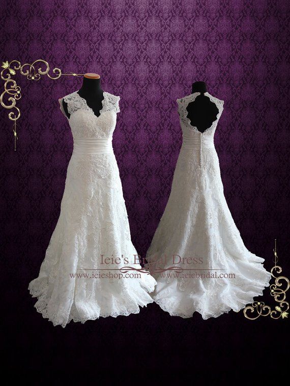 Wedding - Lace Wedding Dress With V Neck And Keyhole Back, Vintage Style Wedding Dress, Country Wedding Dress, Rustic Wedding Dress 