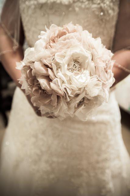 Hochzeit - Wedding Bouquet Vintage Inspired Fabric Flower Brooch Bouquet  Ivory Champagne With Pearls Rhineston
