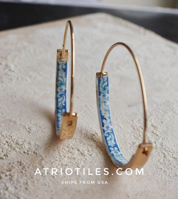 Mariage - Hoops Earrings Hoop Atrio Tile Blue Portugal STAINLESS STEEL Azulejo University Of Evora Delicate 1 1/4" (3.18cm) Ships From USA Gold Tone