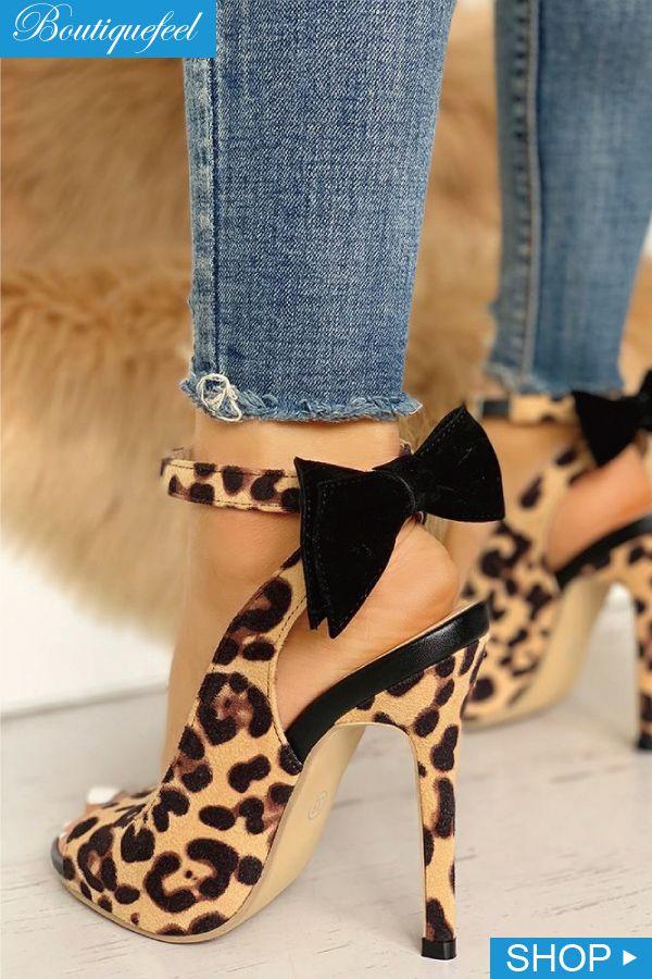 زفاف - Leopard Bow Detail Thin Heeled Sandals 
