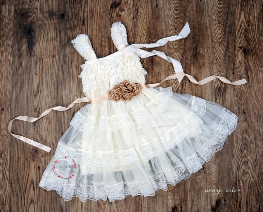 Mariage - Flower Girl Dress, Ivory Lace Girl Dress, Baby Doll Dress, Rustic Flower Girl, Vintage Wedding, Girl Dress, Ivory Champagne