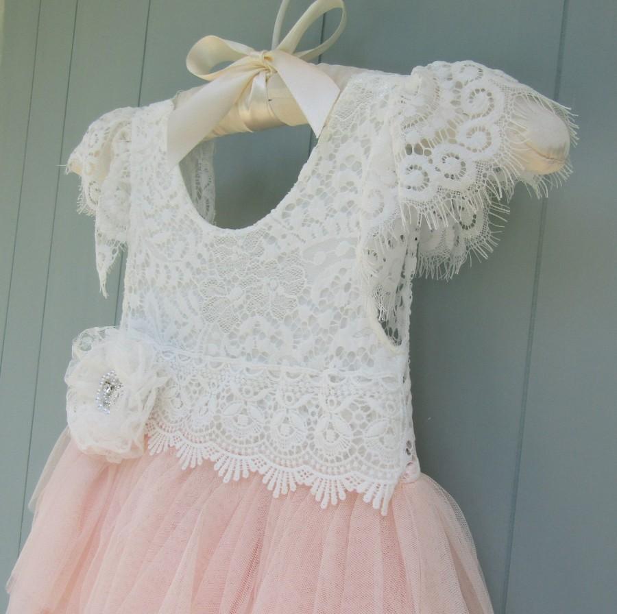 Mariage - Blush pink tulle flower girl dress Lace flower girl dress Long flower girl dress White lace dress Girls birthday dress Beach wedding Boho