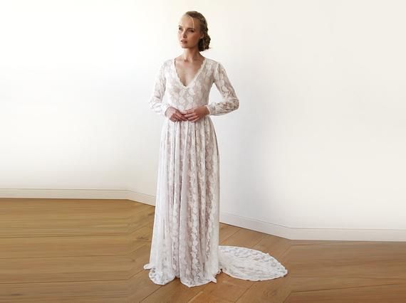 Hochzeit - Leaf Lace Wedding Dress, Long Sleeve Lace Wedding Dress, V Neck Long Sleeve Wedding Dress, Bishop Sleeve Wedding Dress, 1208