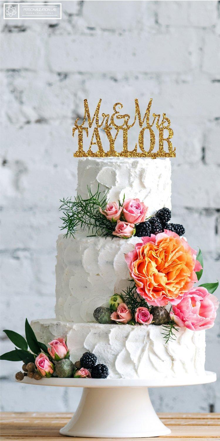Wedding - Personalized Mr & Mrs Last Name Elegant Custom Wedding Cake Topper Acrylic Real Wood Cake Topper Fancy Customized Wedding Topper